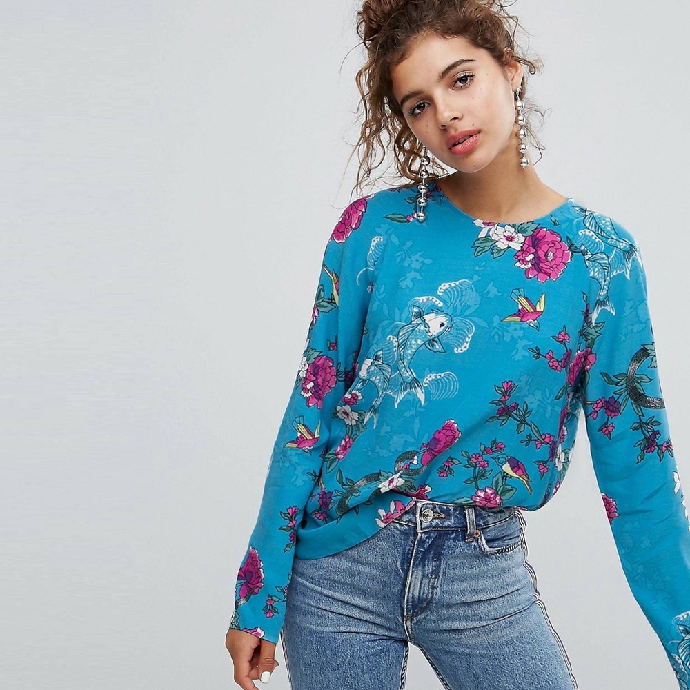 H! By Henry Holland Long Sleeve Top in Floral Fish Print size 8